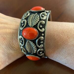 Vintage Gold leaf and Orange Cuff Bracelet